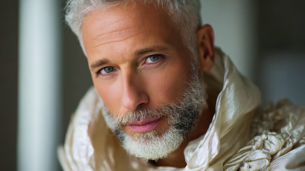 Un accattivante ritratto ravvicinato di un uomo maturo con capelli e barba argentei, che mette in risalto sorprendenti occhi azzurri e che indossa un elegante abito di colore chiaro, evocando una sofisticatezza senza tempo