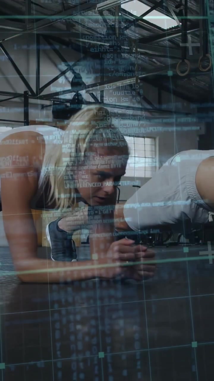 Vertical video: Woman shifting to forearms and checking male form in gym, data overlay showing form