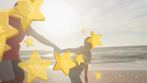 animation of stars over biracial man with grandson at beach
