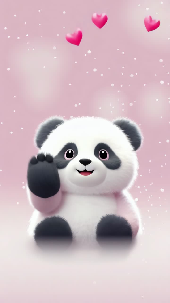 Un panda animato e carino saluta allegramente con cuori fluttuanti. Scatto frontale, perfetto