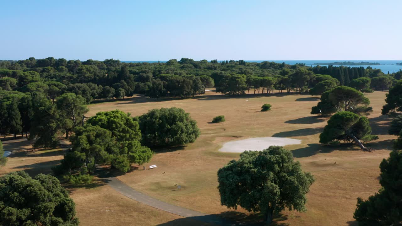 Prati e foresta in un campo da golf nel Parco Nazionale di Brioni durante l'estate in Croazia.