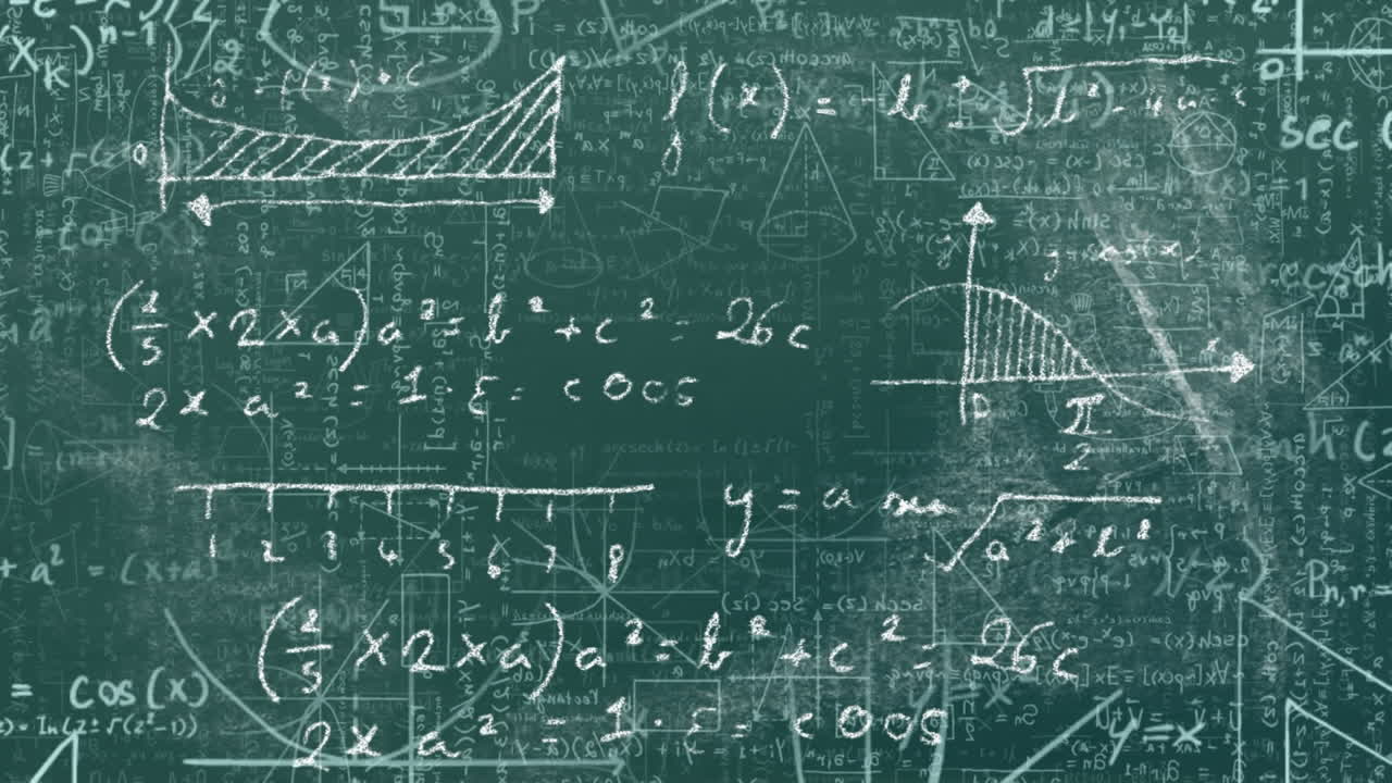 Digital animation of mathematical equations and diagrams floating against black background
