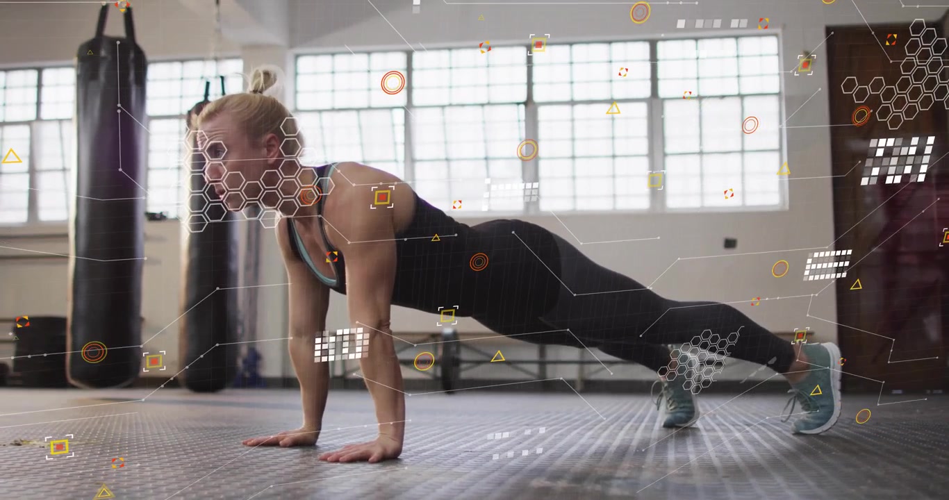 Data graphics flickering woman performing push-up cycles tracking fitness using overlaid metrics