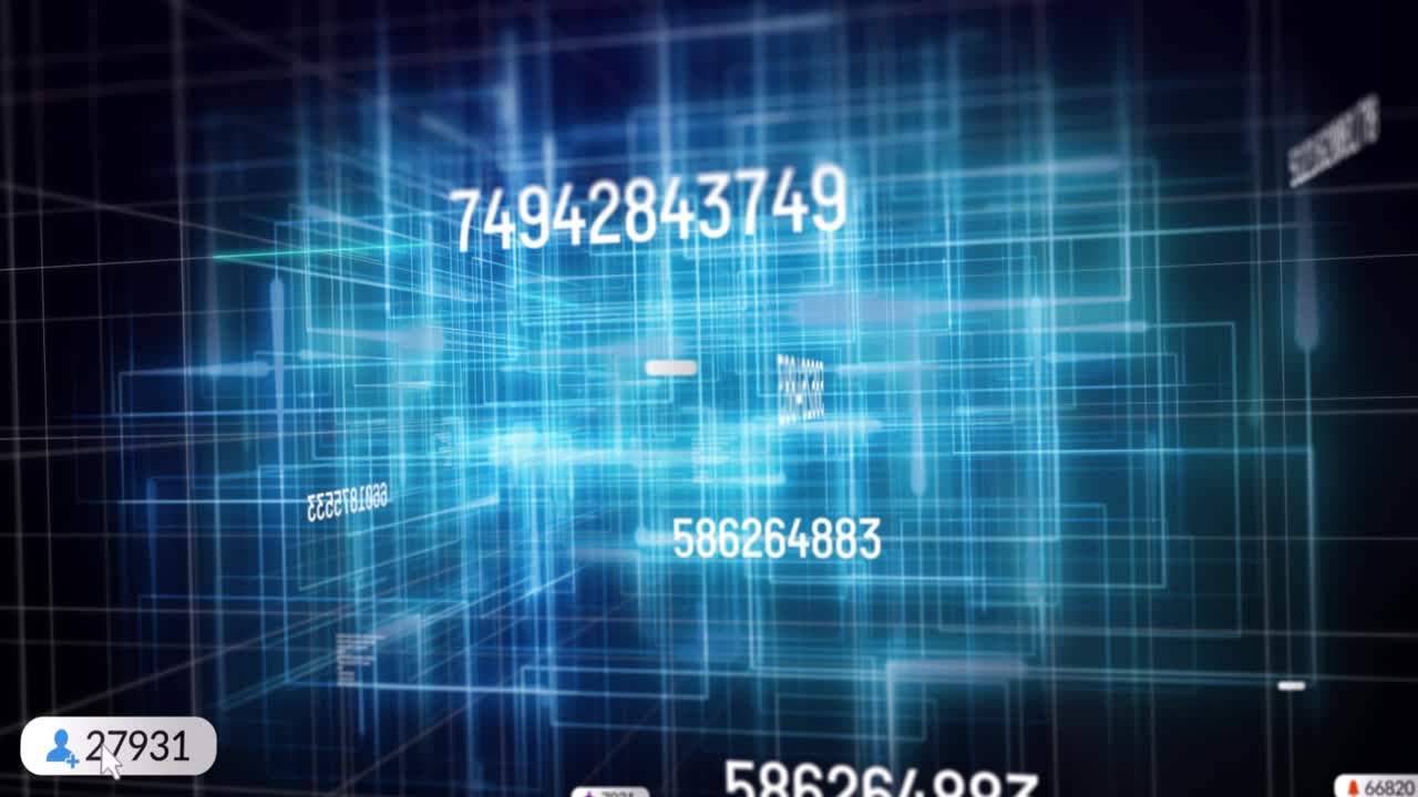 3D wireframe tunnel fading in while digits swapping and icons drifting to show live data flow