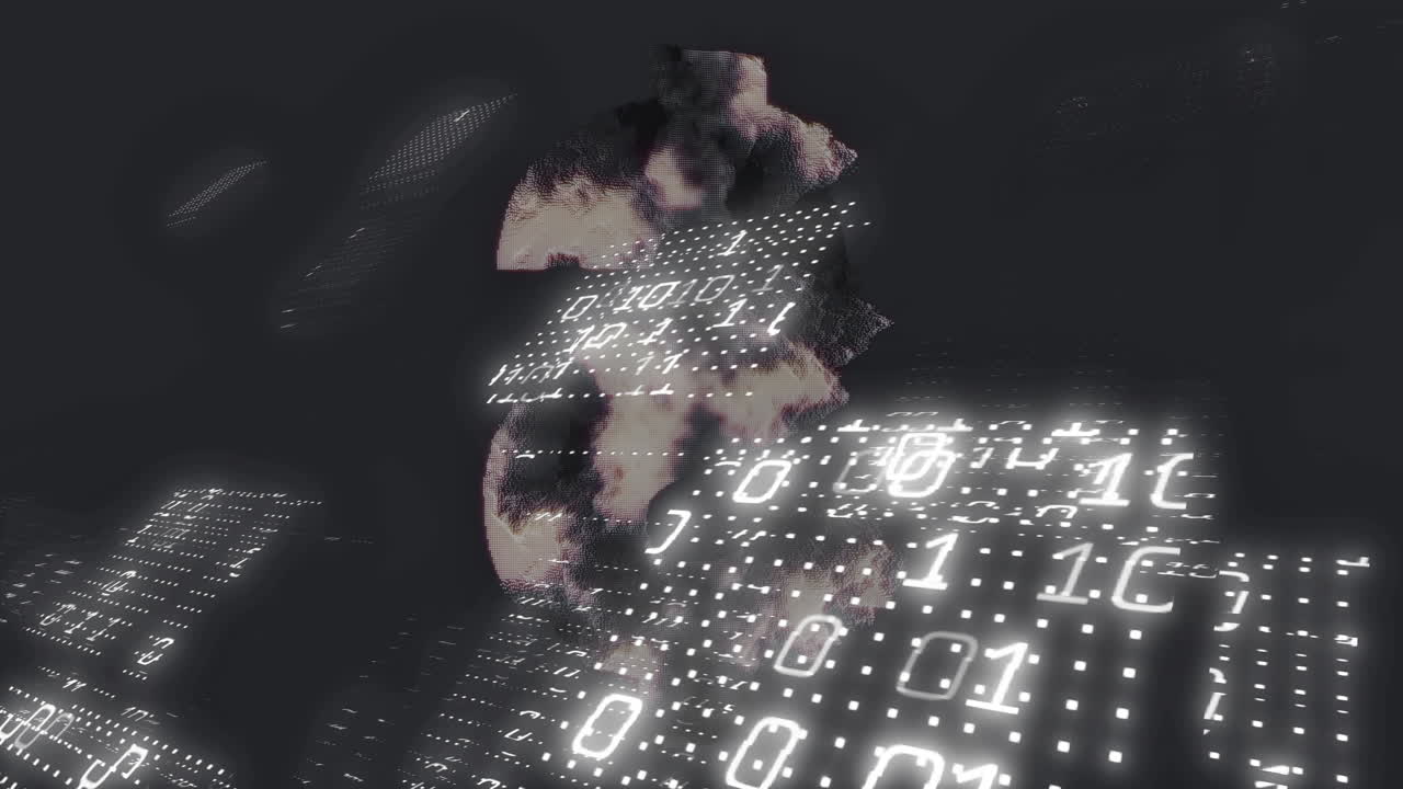 Binary code animation over abstract human face sculpture