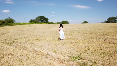 young pregnant woman in a white summer dress standing on a field holding her belly and flowers for a maternity photo shoot - drone circle far