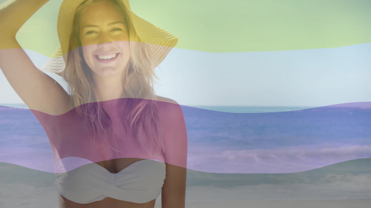 Smiling woman in sun hat at beach with colorful wave overlay animation