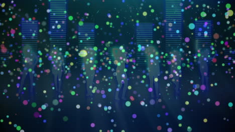 puntos de luz sobre la silueta de personas bailando contra el ecualizador de música