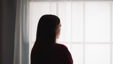 silhouette of woman standing by window in room backside view