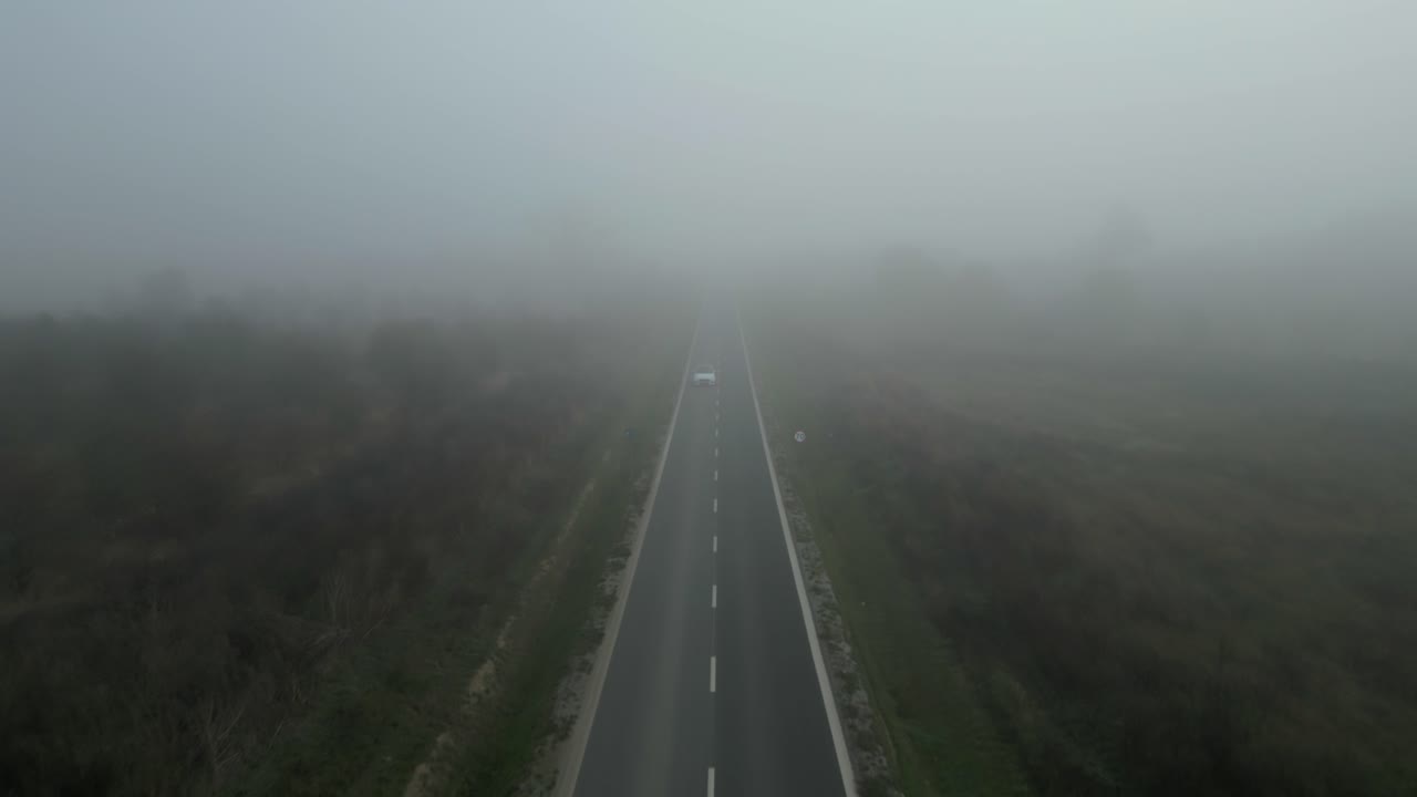 Empty road disappearing into dense morning fog, creating a quiet and mysterious atmosphere