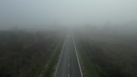 empty road disappearing into dense morning fog, creating a quiet and mysterious atmosphere