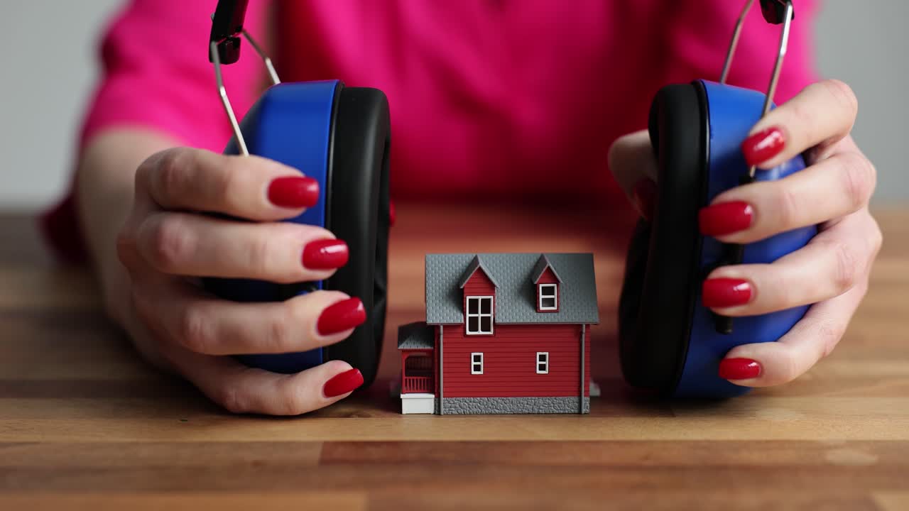 Handen met oorwarmers bij een speelgoedhuis