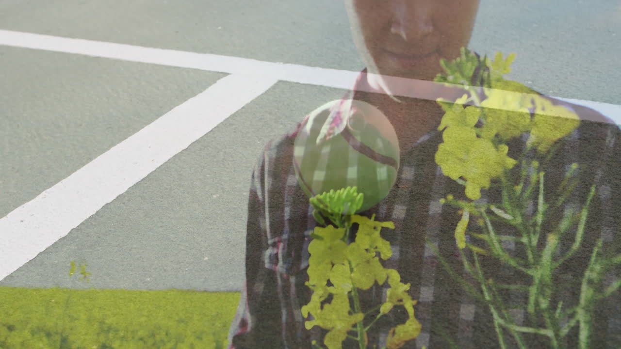 Male model blending floral field textures with pavement line and green sphere in technology theme