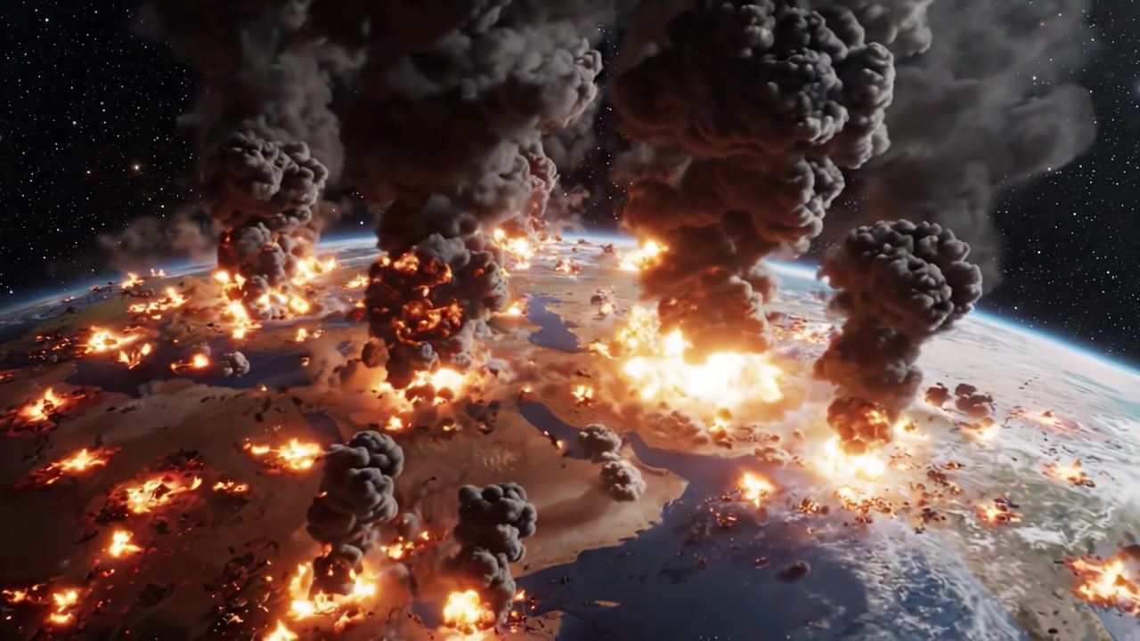 Distruzione catastrofica: Un'immagine sbalorditiva di devastazione esplosiva che si dispiega sulla Terra tra una nuvola vorticosa di fumo e fuoco nello spazio esterno