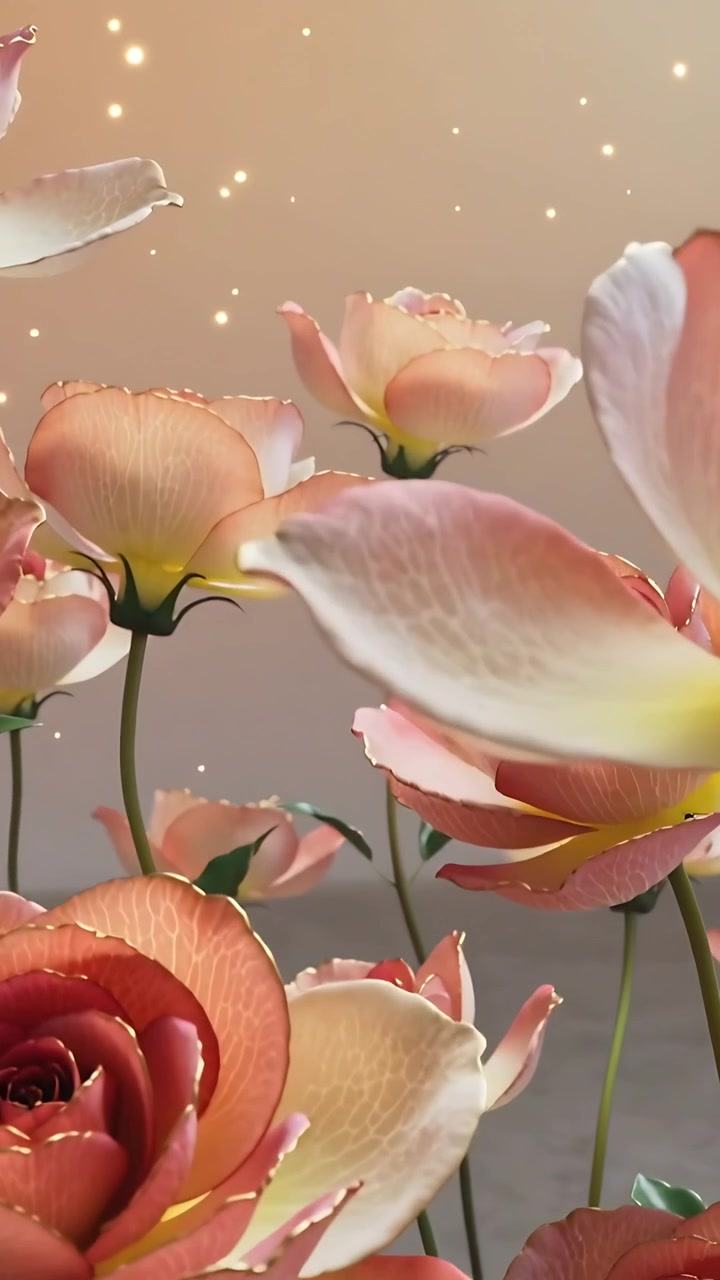 Video verticale: Telecamera in movimento che mostra rose rosa pesca che ondeggiano in studio, rivelando gli steli, scintille.