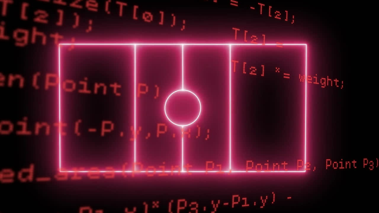 Animation of digital neon field over data processing on black background