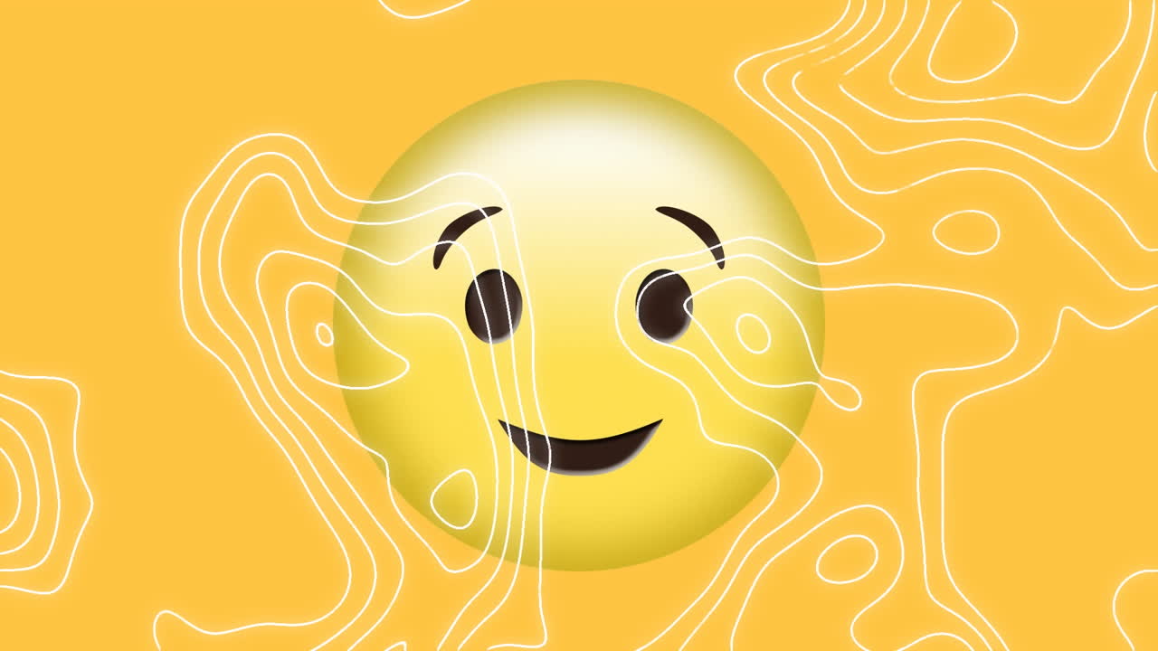 animación de líneas de contorno blancas en movimiento sobre un emoji parpadeante sobre un fondo amarillo