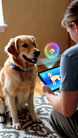 golden retriever interacting with a person using a smart pet device and holographic display