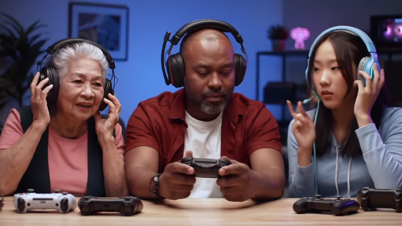 A Diverse Family Bonding Through Gaming: Three Generations Sharing Joy and Laughter with Headsets and Controllers in a Modern Living Space