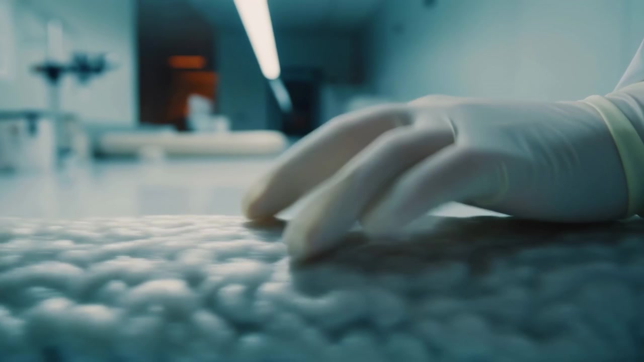 Vista ravvicinata dal basso mostra una mano destra guantata che scorre e preme leggermente su un tappetino da banco con motivo a ciottoli all'interno di un ambiente di laboratorio clinico con una fredda luce verde acqua, con guanto, mano, nitrile