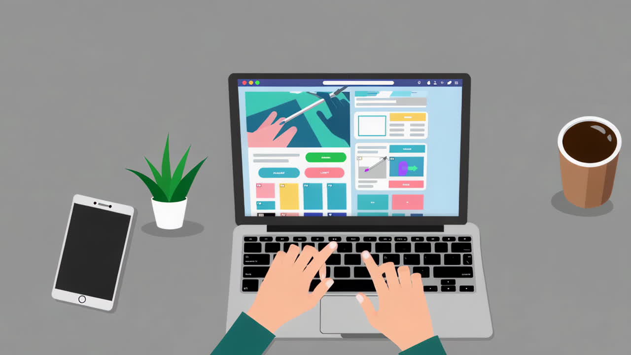 Overhead view of hands typing on a laptop at a workspace with phone, coffee, and plant