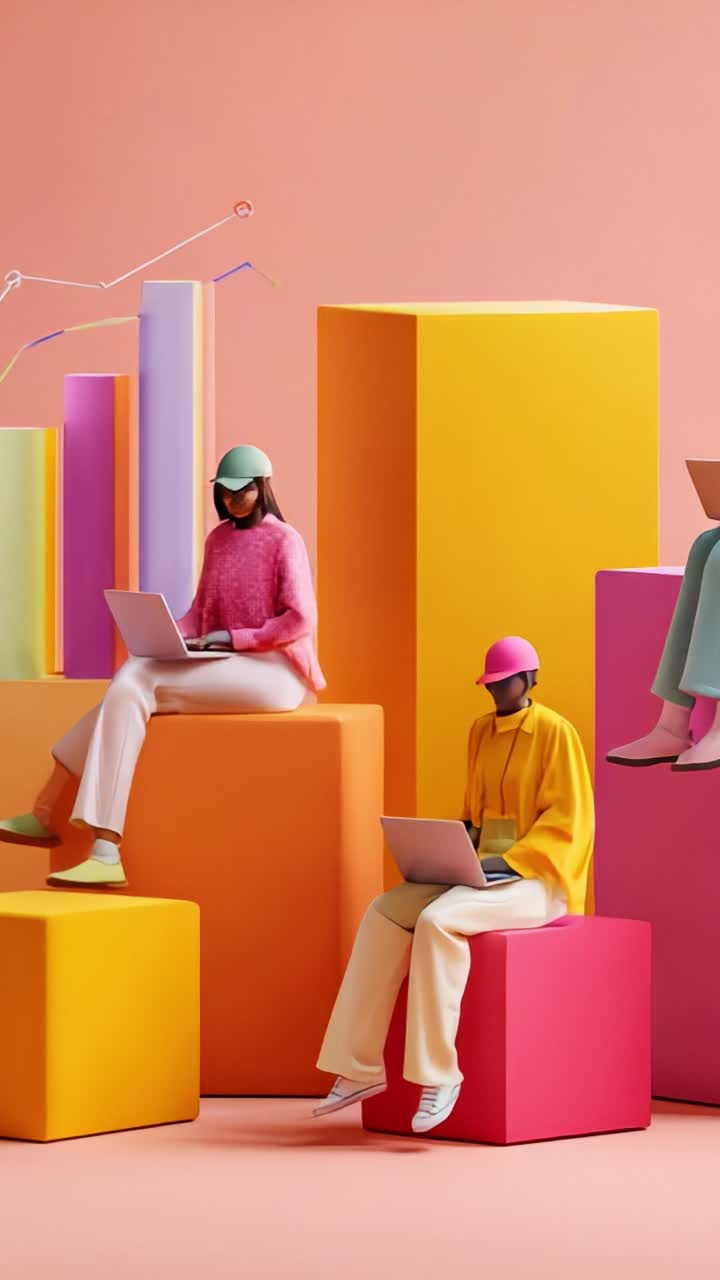 Vibrant Collaboration: A Group Engaging with Laptops Surrounded by Colorful Cubes and Graphs, Representing Creativity and Digital Interaction in Modern Workspaces