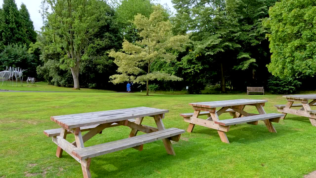 A smooth daytime camera pan reveals wooden picnic benches on a manicured lawn, surrounded by lush greenery and hedges in a public botanical garden