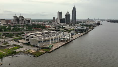 approaching downtown mobile, alabama aerial view
