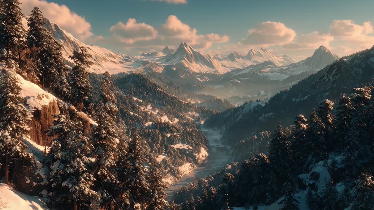 A Breathtaking Snow-Covered Mountain Landscape with Lush Pine Forest and Majestic Peaks Under a Beautiful Sky at Sunrise, Capturing the Serenity and Beauty of Nature's Wilderness