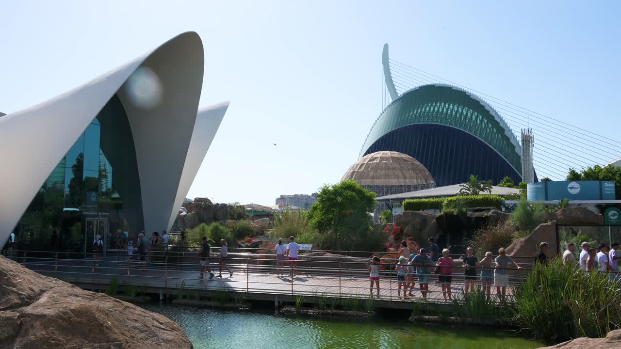 Visitors stand outside L'Oceanogràfic in the City of Arts and Sciences, Valencia. Europe's largest oceanographic park, it showcases over 500 marine species, including dolphins, belugas, and sharks.