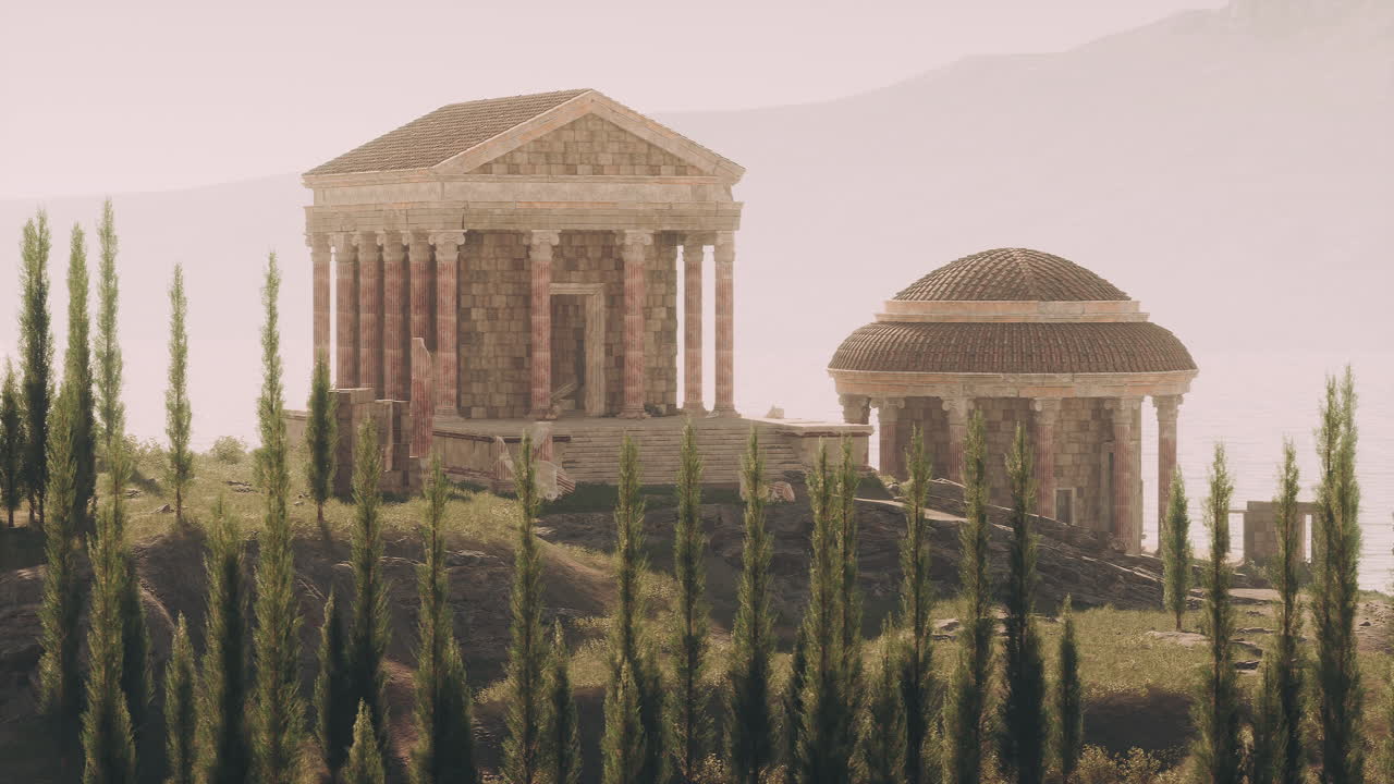 Ruins of an ancient roman temple with classical architecture on a hillside
