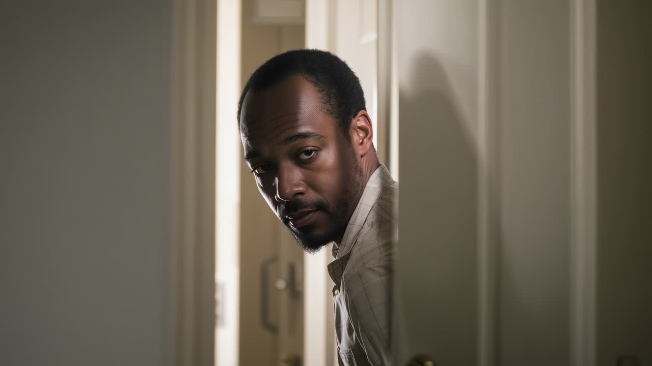 Man leaning through ajar door, ajar causing backward glance, rotating and scanning hallway for film