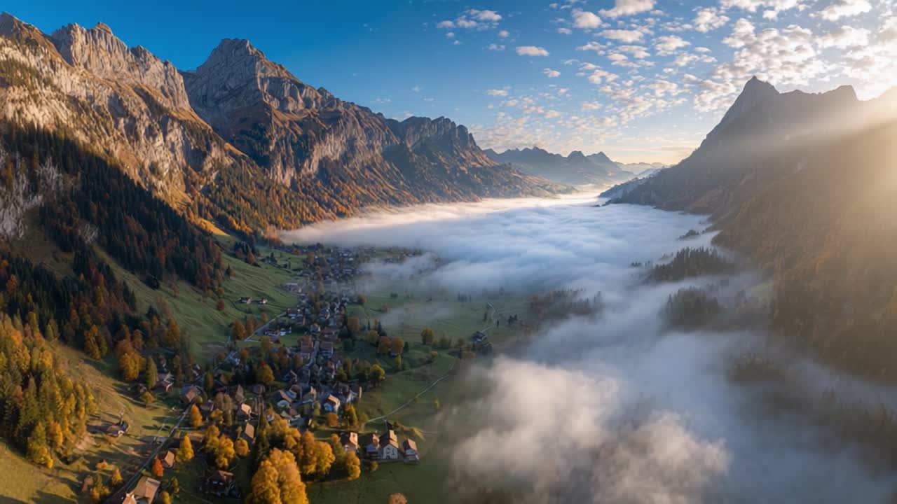 Un'alba serena sulla valle nebbiosa: Accattivante paesaggio montano con villaggi circondati dalla nebbia e dolci colline all'alba.