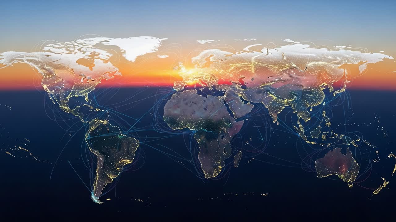 A Beautiful Twilight View of Earth Showcasing Global Connectivity Through Illuminated Landmarks and Luminous Networks Against a Vibrant Horizon