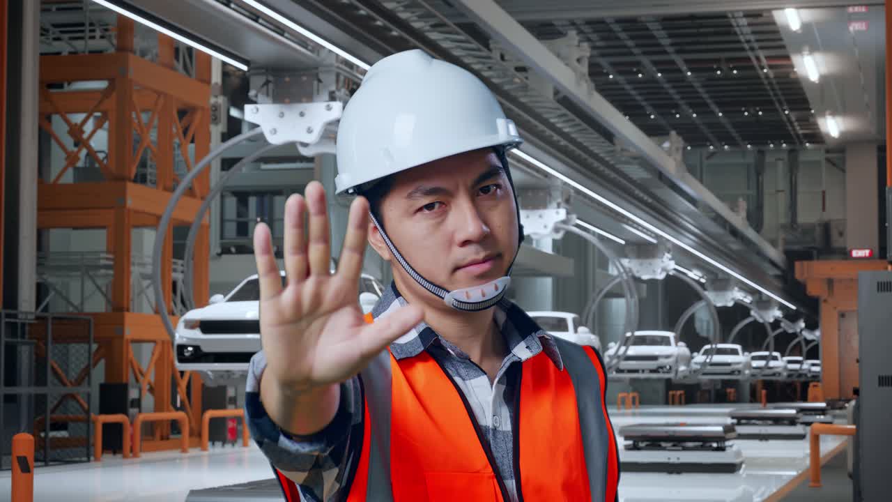 안전 헬을 입은 아시아 남성 엔지니어가 ev 자동차 공장에서 서 있는 동안 손 표시 없이 불쾌감을 표합니다.