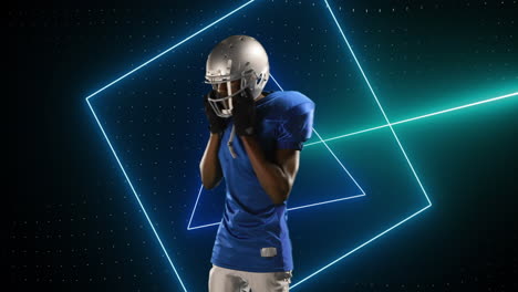 animation of neon scanner and african american male american football player preparing