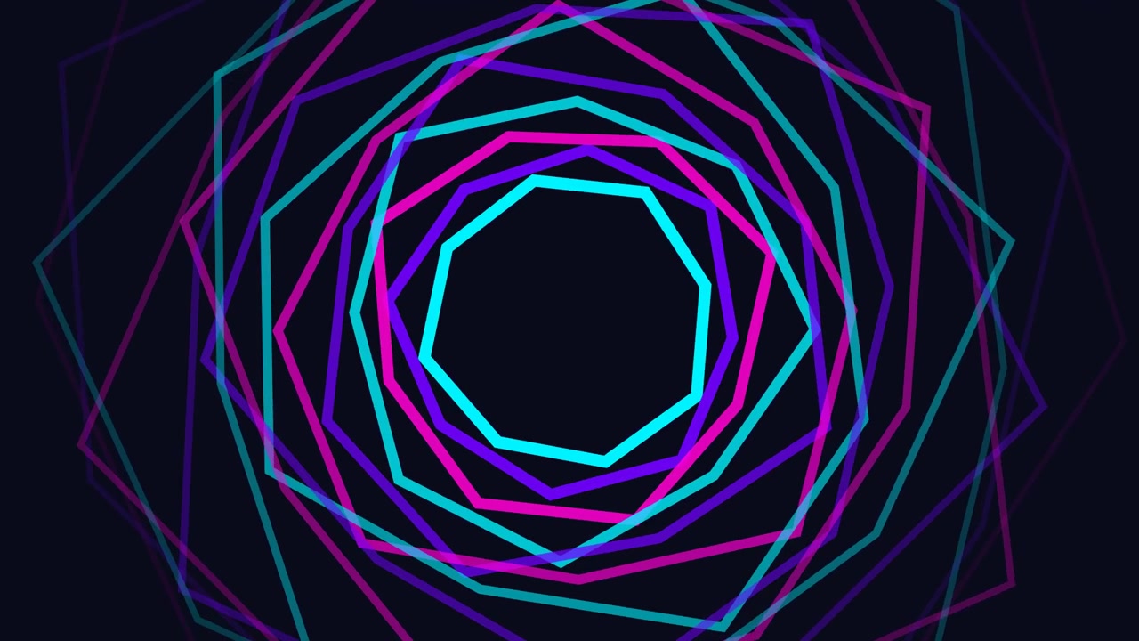 Forme geometriche astratte al neon che ruotano su sfondo scuro.
