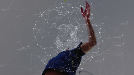 male tennis player serving with racket under digital network overlay highlighting sports technology