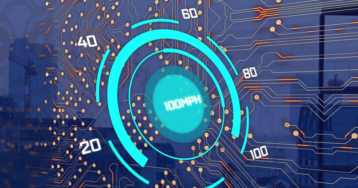 Animation of integrated circuit and speedometer over cityscape
