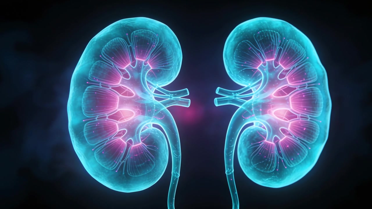 Pulsing paired kidneys responding to pulse in medical backdrop, highlighting ureters and vessels