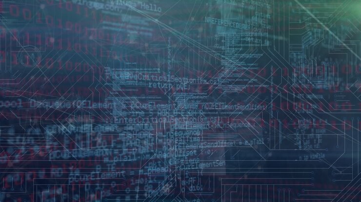 Animation of data processing with connecting dots, hud elements on digital interface