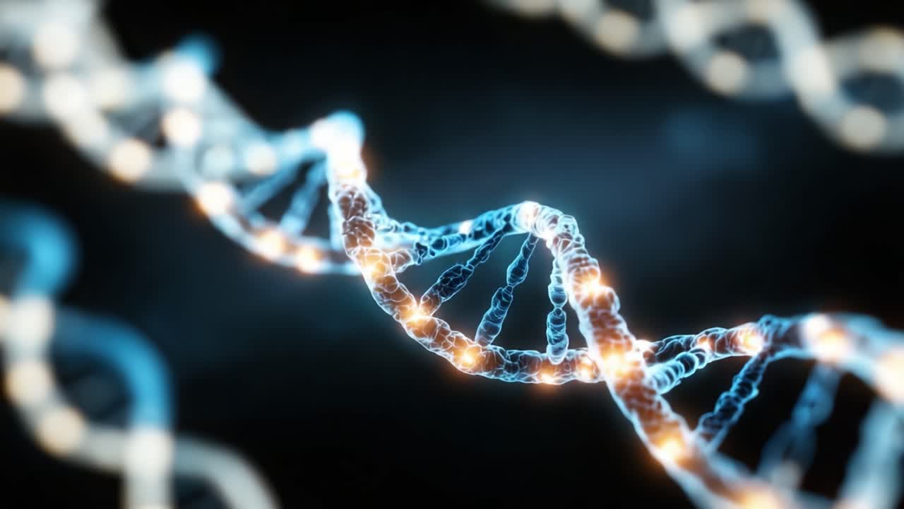 Un'esplorazione visiva del DNA: la struttura intricata e la funzione del materiale genetico in una rappresentazione luminosa e dinamica.