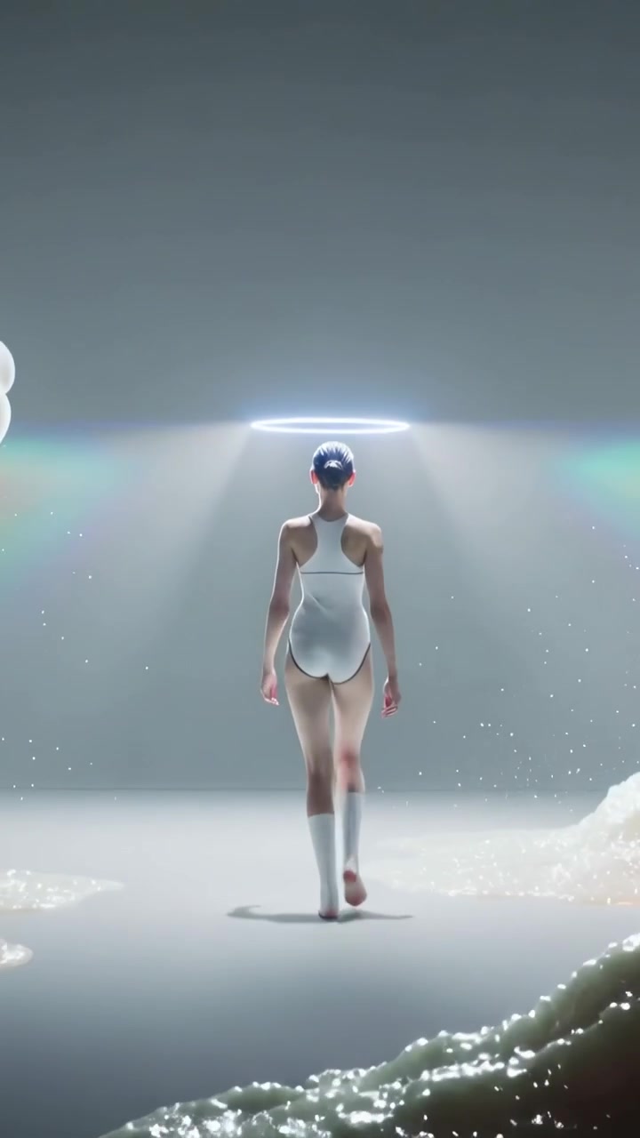 Video verticale: Modella che cammina e reagisce all'illuminazione ad aureola, in body bianco e calzini al ginocchio sul palco.