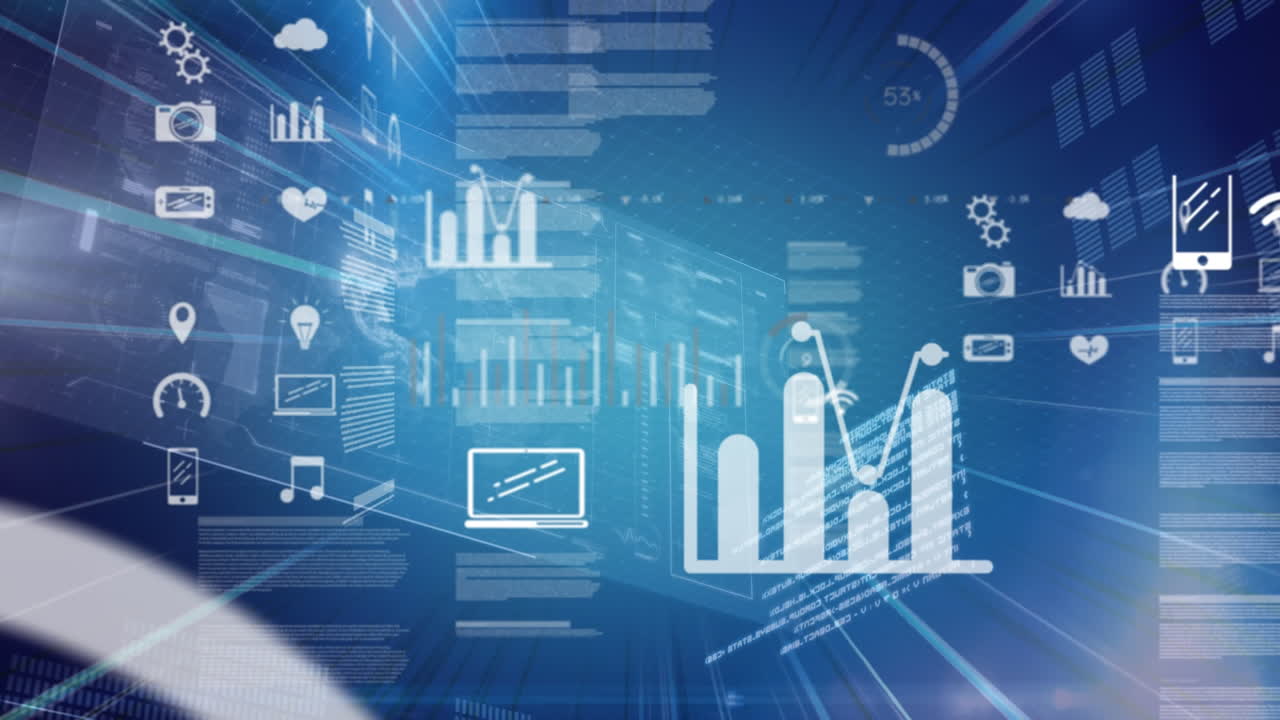 animación de iconos digitales en línea y procesamiento de datos