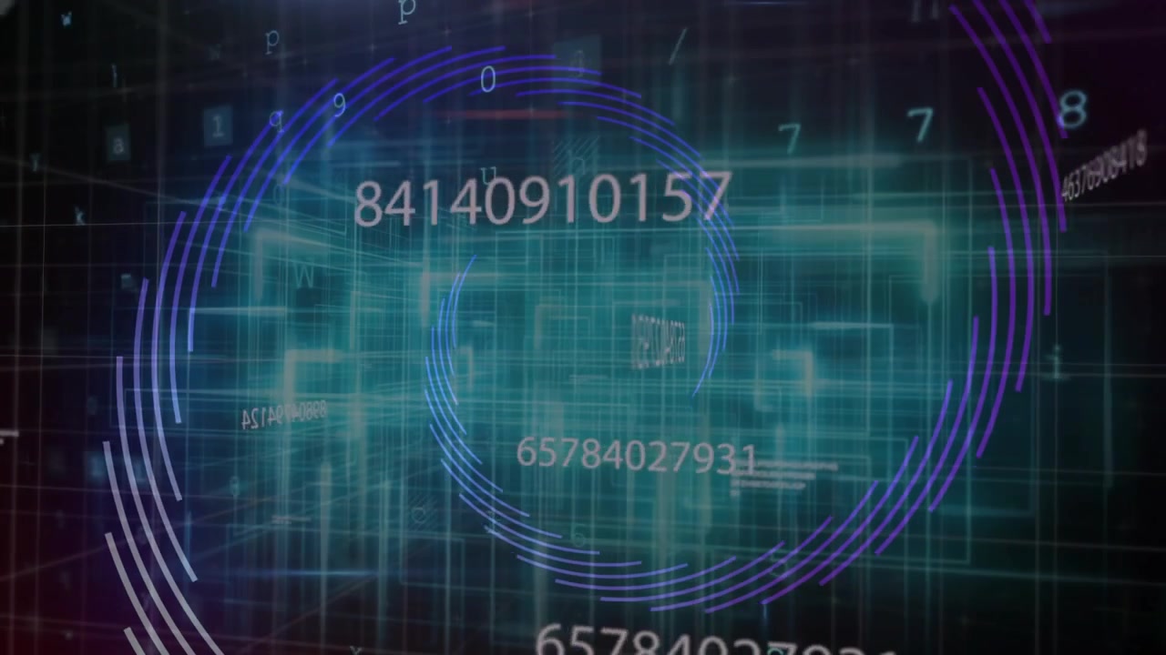Digital Data Stream with Abstract Spiral Graphics and Floating Numbers
