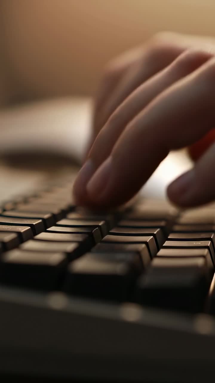 Vertical video: Hovering hands starting to type at desk, pressing keys on keyboard and writing note
