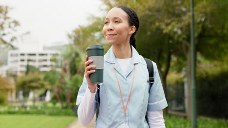 medical nurse, woman and outdoor with coffee