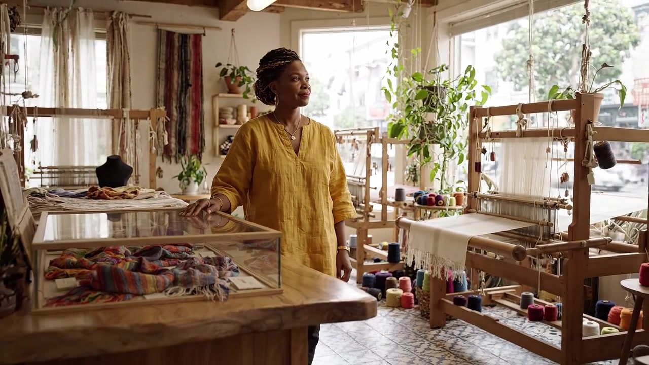 Um Artesão Apaixonado em um Estúdio de Artesanato Vibrante Rodeado por Teares, Têxteis e Fios Coloridos, Dando Vida à Tradição e à Criatividade.