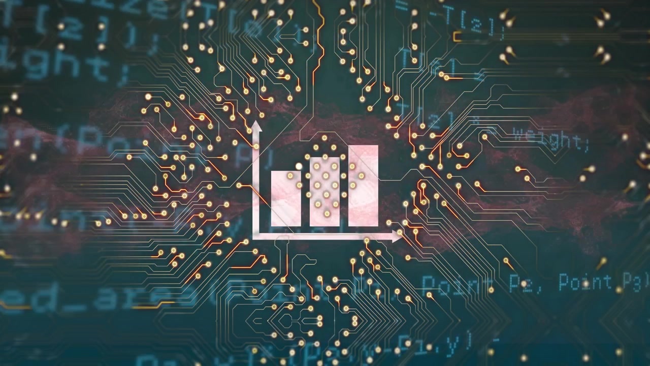 Animation of integrated circuit over financial data on green background