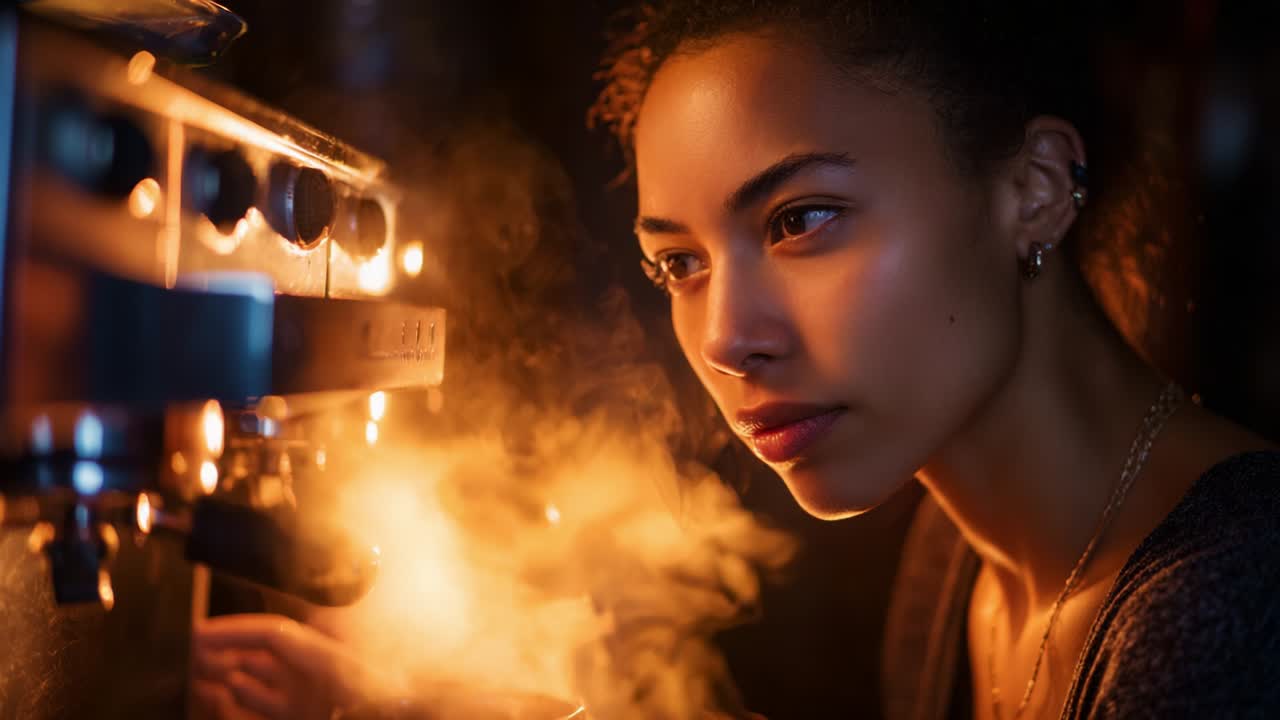 Capturing the Intensity of Brewing: A Focused Moment of Anticipation as Delicious Aromas Emanate from a Coffee Machine, Showcasing the Passion for Crafting the Perfect Cup of Espresso